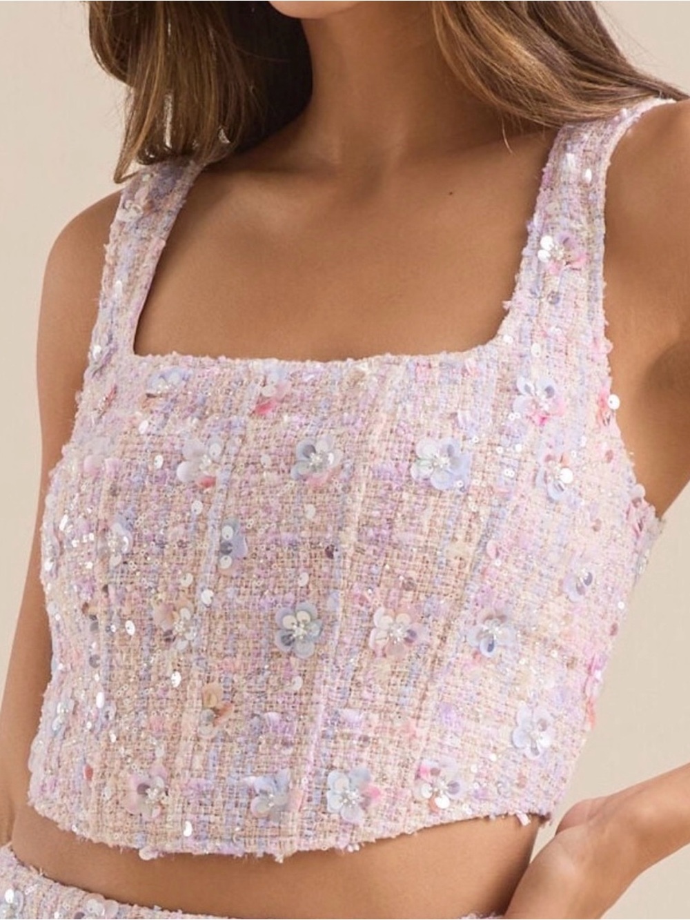 Altard State- Pastel Pink Tweed Floral Sequin Crop Top